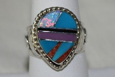 Signed Native American Navajo Made Sterling Silver Multi Stone Inlay Ring Size 8