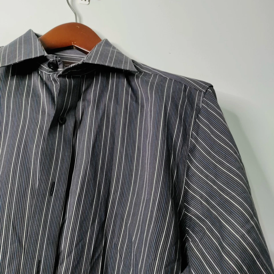 Black Brown 1826 Men M Black/Blue/White Stripe Long Sleeve Button Up Dress Shirt - Image 4 of 4