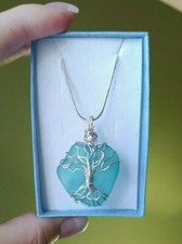 Blue 'Tree of Life" genuine Seaglass pendant " S.P. chain
