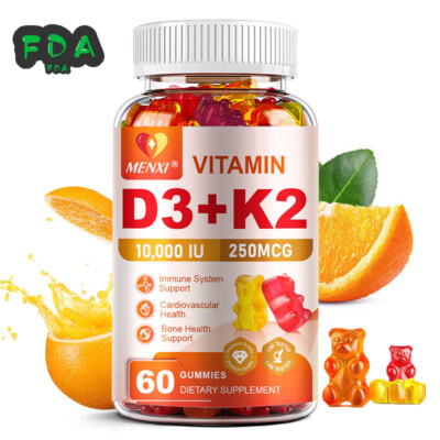 Vitamin D3 K2 MK-7 60 Gummies 10000 IU Supplement Calcium Immune Support Bones