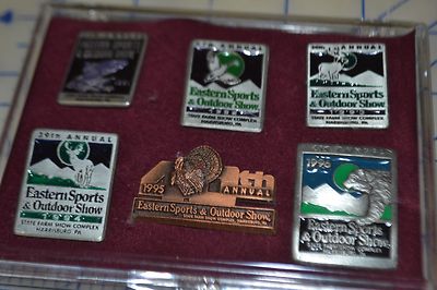 *set of 6 eastern sports and outdoor show 1991 - 1996 pins state farm show game