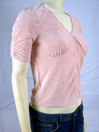 American Rag Top Women Medium 8 10 Pink Knit Short Sleeve V Neck Ruched Blouse - Picture 4 of 12