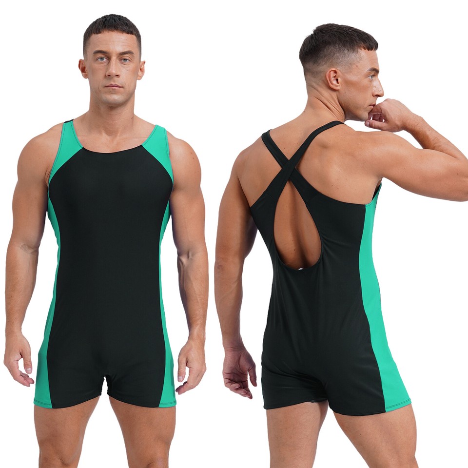 Mens Bodysuit Backless Jumpsuit Pool Rash Guard Adult Swimwear