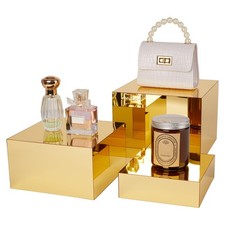 3 Pcs Gold Acrylic Risers Display Stands, Mirrored Nesting Cube Boxes Pedesta...