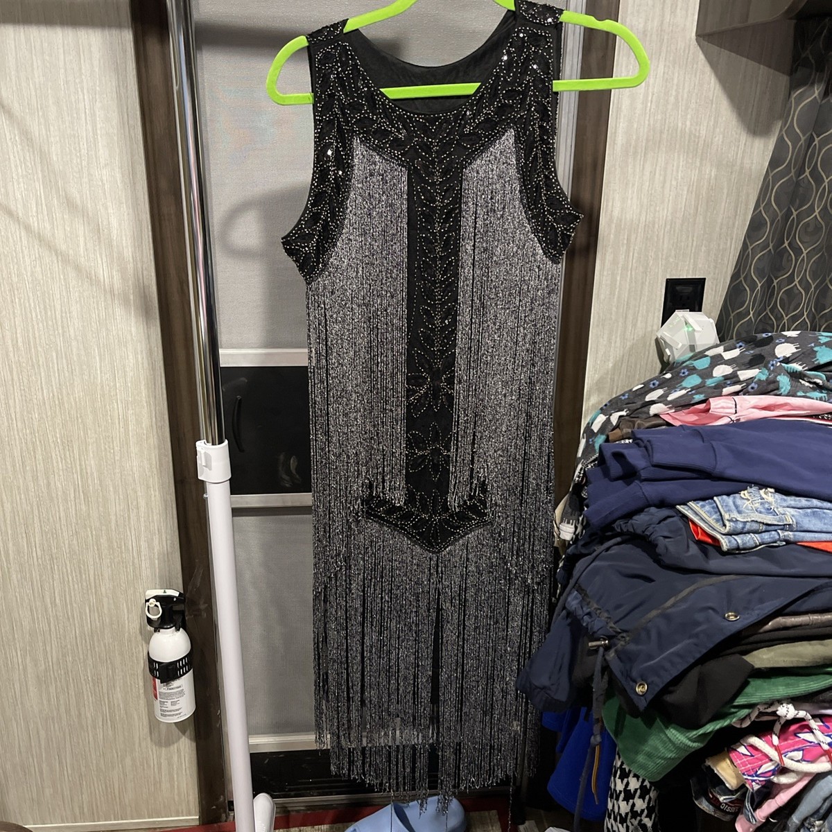 755 Vintage Style Beaded Fringe Dress Womens Black Silver Fringe Flapper Dress 755 Vintage Style Beaded Fringe Dress Womens Black Silver Fringe Flapper Dress