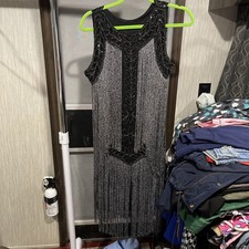755 Vintage Style Beaded Fringe Dress Womens Black Silver Fringe Flapper Dress