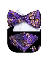 Mens Paisley Striped Bowtie Set Pre-tied Bowtie for Men A Purple Gold Flower