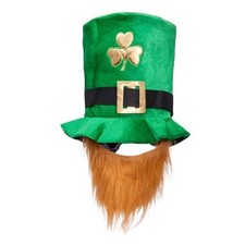 St.Patrick's Day Shamrock Green Velvet Top Hat with Beard,Green Leprechaun Hat