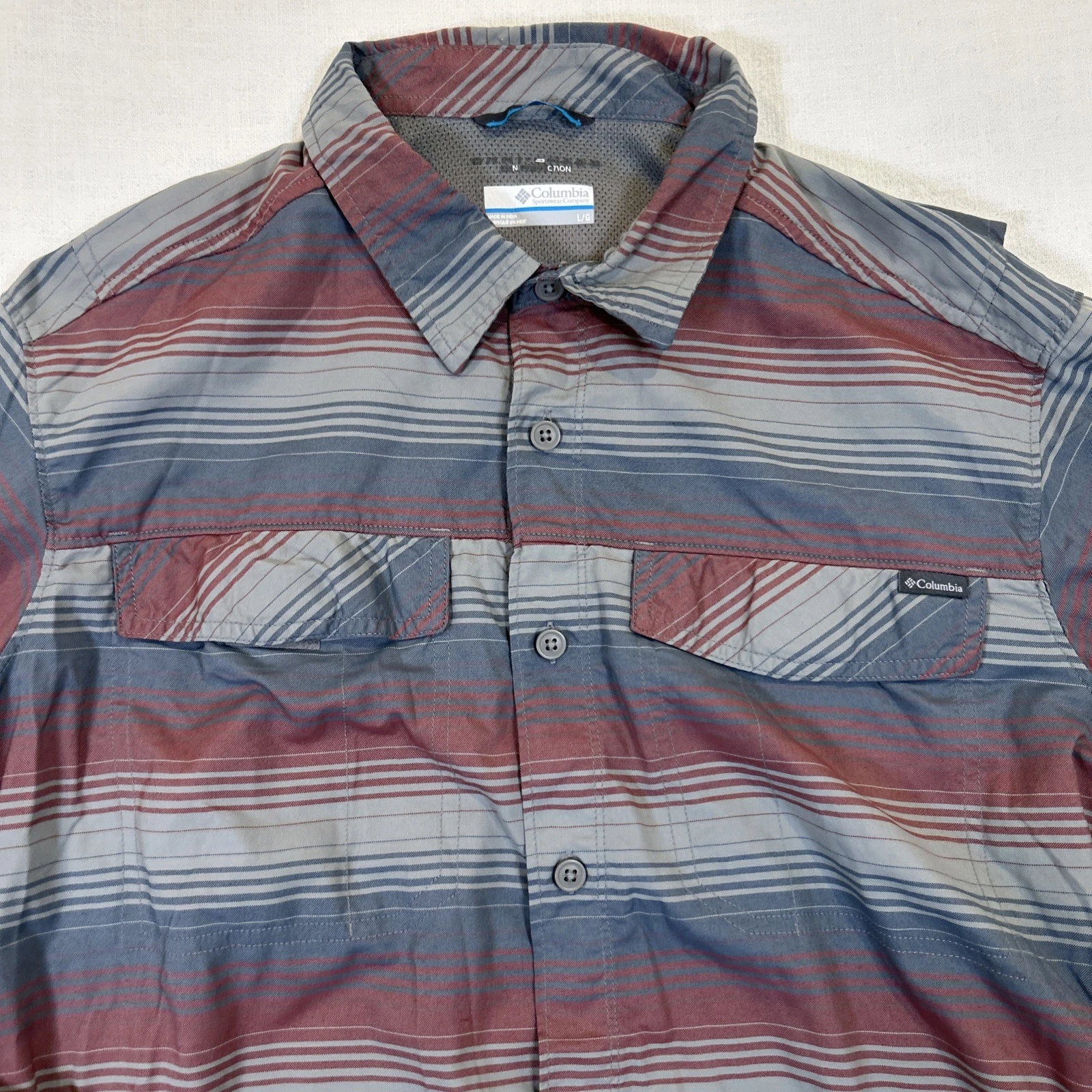 Columbia Shirt Mens Omni-Shade Sun Protection Long Sleeve L Red Grey Striped