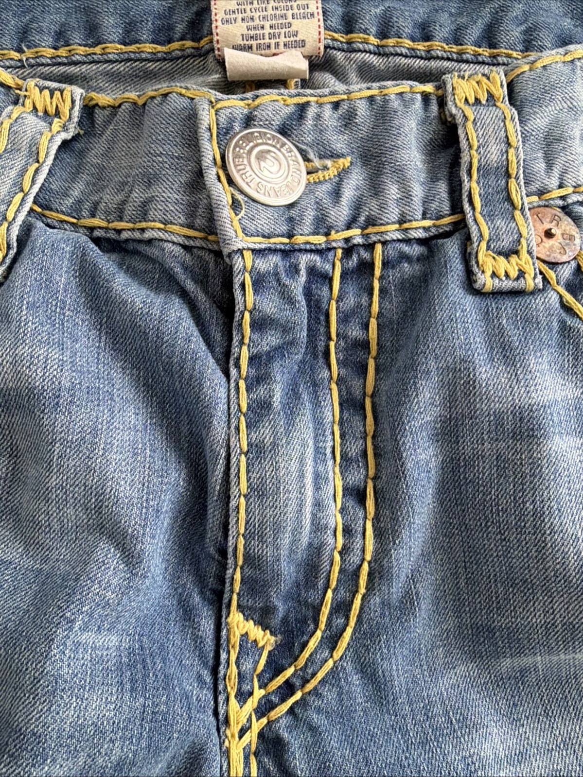 True Religion Ricky Super T Jeans Mens 38 Blue Denim Yellow Stitch Vintage Y2K image 10