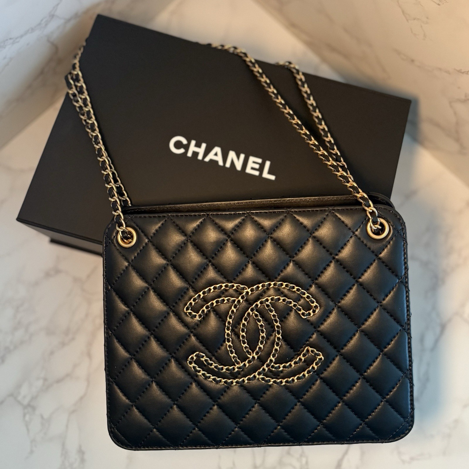 Authentic CHANEL Black Lambskin Accordion Bag Black + original Box and dust bag