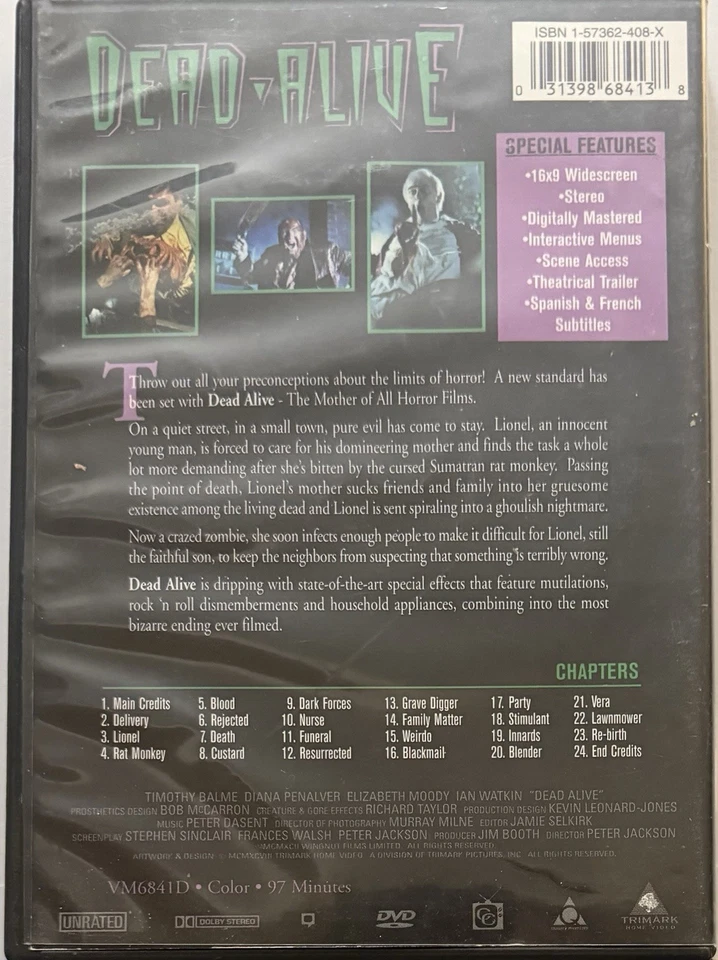 Dead Alive (DVD, 1998, Unrated Version) Peter Jackson - Image 2 of 3