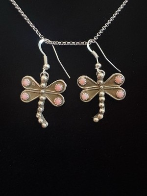 Pink Opal Dragonfly Dangle Hook Native Made Earrings 