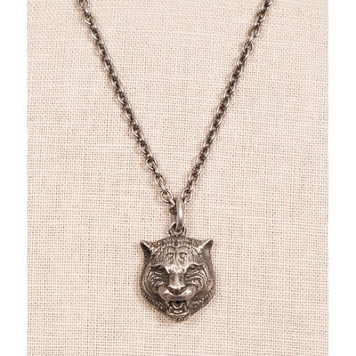 NEU $420 GUCCI gealtert Sterlingsilber TIGER KATZENKOPF LOGO GG Anhänger HALSKETTE NEU IM KARTON