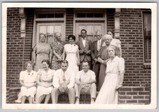 Vtg B&W Snapshot Large Family Group Portrait Brick Porch Front Steps Dresses