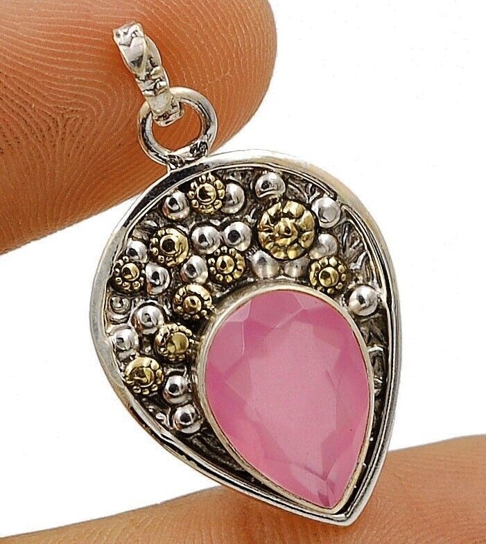 Two Tone Natural Rose Quartz 925 Sterling Silver Pendant Jewelry @9-9