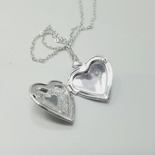Heart Shape Photo Locket Pendant 22 Inch Adjustable Chain Silver Tone