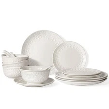 Plates and Bowls Sets - 16 Pieces Ceramic Dinnerware Sets for 4, Embossed Whi...