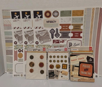 #ad Basic Grey CLIPPINGS Scrapbook 12x12 Sticker Sheets Snippets Brads Buttons $19.99