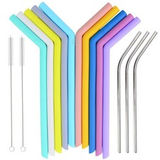 Set Of 10x High Grade Silicone Drinking Straws 10.5 Eco Friendly Reusable Sil...