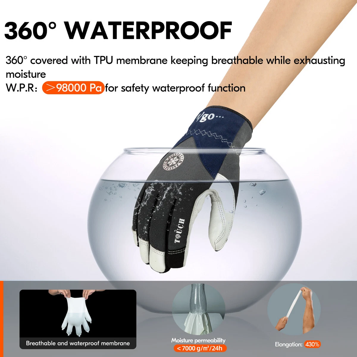 Vgo 32℉ Goatskin Waterproof Winter Work Gloves(2 Sizes Smaller than Regular Size