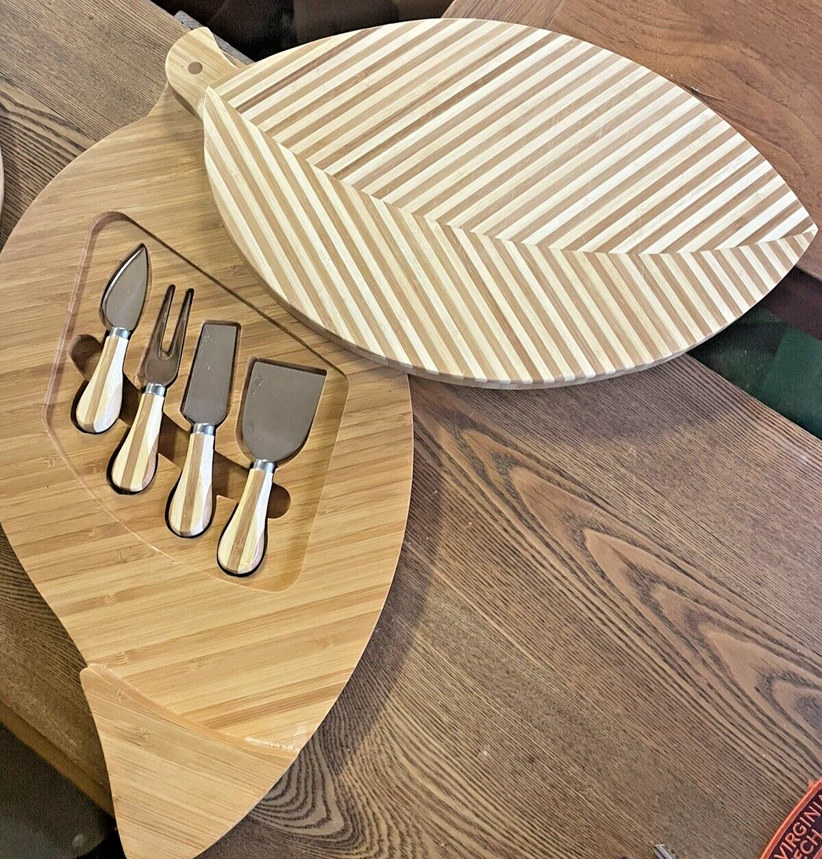 Bamboo Cheese Cutting Board & 4 Tools Wooden Charcuterie Leaf Design