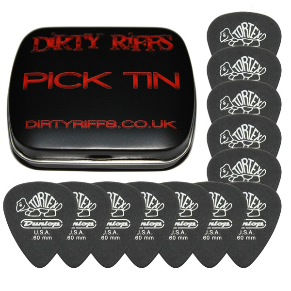 12 Dunlop Tortex Pitch Black Standard Guitar Picks - 0.60mm In A Handy Pick Tin