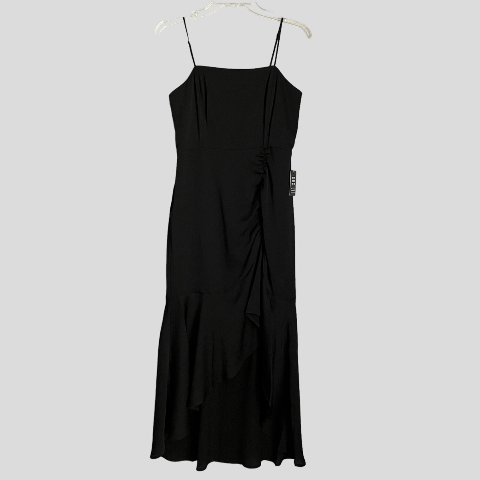 Express Dress Women’s Small Black Sleeveless Cami Ruched High Low Flounce Hem