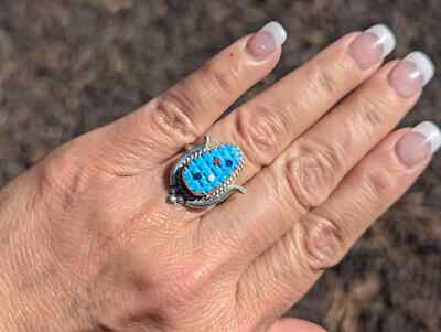 Zuni Corn Ring, Turquoise Sterling Silver Native Am Handmade Jewelry Sz 6.25US