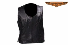 Womens Motorcycle Leather Vest Pleated Button Closure, Solid Black - M,L,XL,2XL