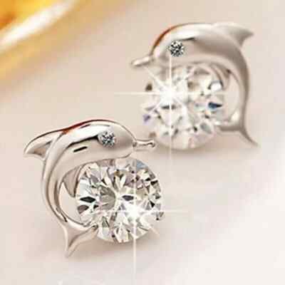 Simulated Diamond Round Cut 2Ct Women Dolphin Stud Earring 14K White Gold Plated