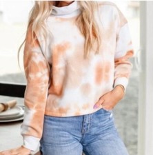 Socialite Mock Neck Sweatshirt Top Crop Tie Dye Beige White Size Medium