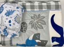 LEVTEX Set 2 Baby Crib Sheet  Quilt Throw Appliqu  Dinosaurs Check Blues Gray