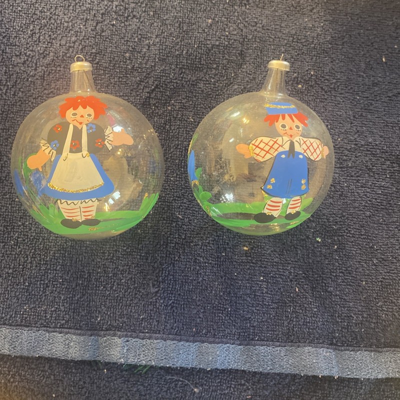 Vintage Raggedy Ann & Raggedy Andy  Glass Ball Hand Painted Christmas Ornament