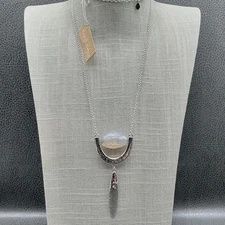 River & Ridge Pendant Necklace Agate Stone Hammered Metal Boho Silver Tone 24"