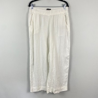 Tahari Linen Wide Leg Crop Pants Size Large Ivory Pull On Pockets