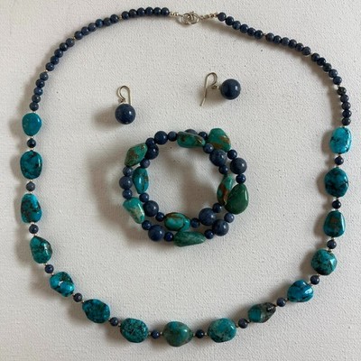 Artisan Crafted 925 Findings Beaded Set Faux Turquoise and Lapis Necklace 22''