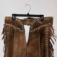 Brown Western Chaps Teardrop Details Fringe Adjust 36-44 inch Waist/Hip 39  Long