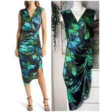 Tahari ASL Black Green Blue Floral Ruched Satin Midi Dress Sz 14 Surplice Wrap