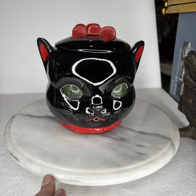 RARE Vintage Shafford Black Cat Biscuit Cookie Jar Red Bow