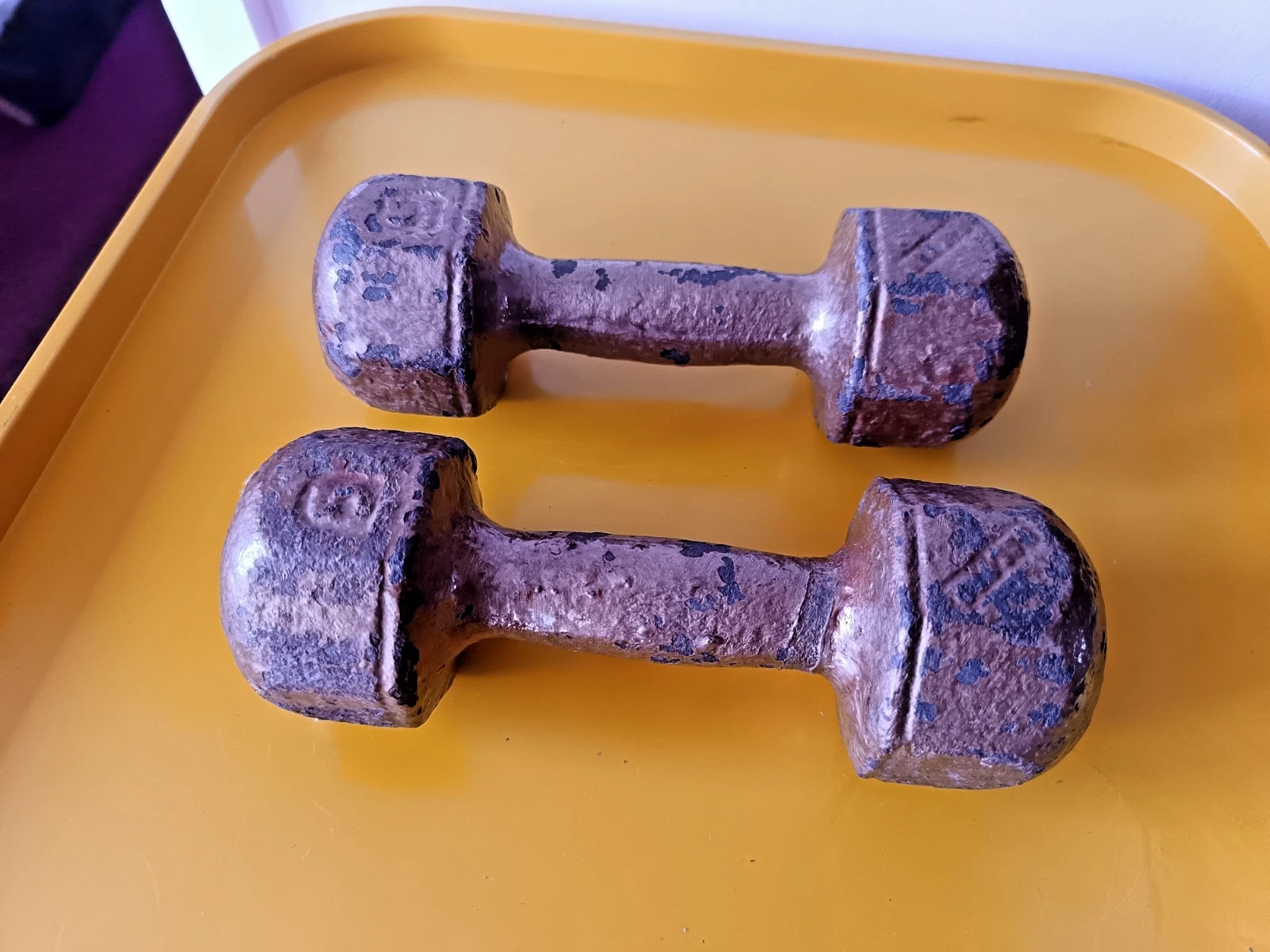 pair antique iron dumb bells 5 lb