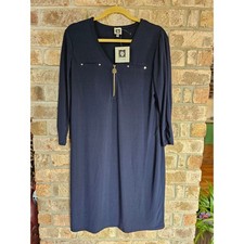 NEW Anne Klein M Navy Blue V-Neck Dress Gold Zip Studded Long Sleeve Career 99