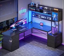 L Shaped Desk with Drawers&Led Lights, Reversible Computer Desk, Two Person Desk