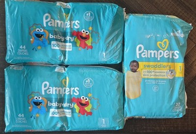 Pampers Baby Dry & Swaddlers Size 1 Diapers 8-14lbs (2) 44 & 32 Count Multicolor