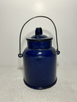 Vintage Blue Enamelware Milk Pail With Lid And Handle 