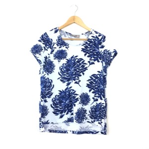 Chicos-Womens-Top-Size-1-Medium-White-Blue-Floral-Print-Short-Sleeve-Scoop-Neck