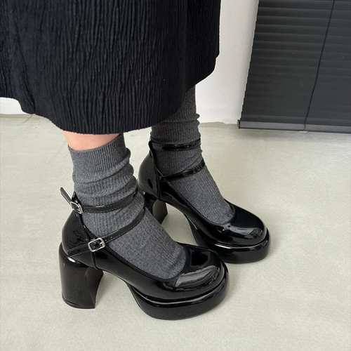 Scarpe donna moda plateau Mary Jane doppia fibbia tacco spesso decolte tacco alto - Foto 12 di 19