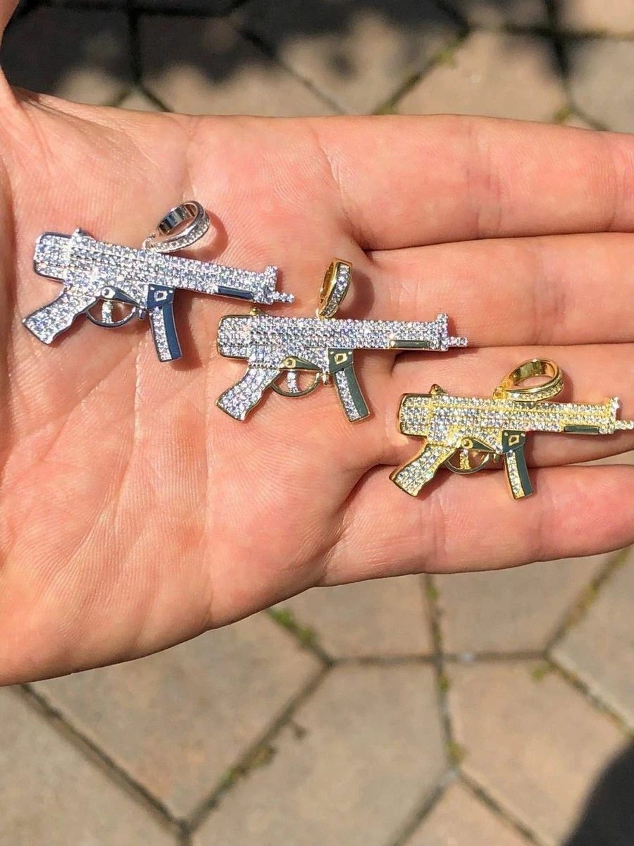 Real Solid 925 Silver AK 47 Machine Gun CZ Piece Super Icy Pendant
