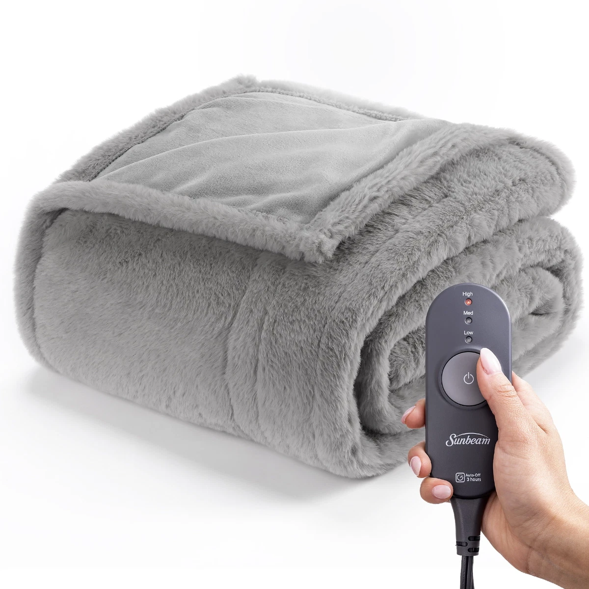 Sunbeam Grey Faux Fur Heated Electric Throw Blanket | eBay