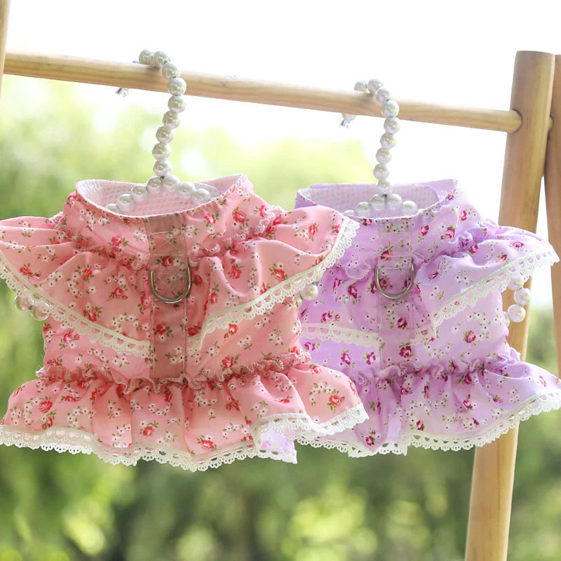 Dog Harness With Leash Adjustable Soft Padded Pet Vest Flower Lace For Small